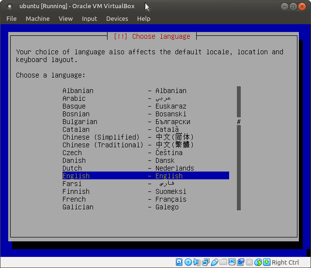 Ubuntu 4.10, Warty Warthog, setup choose langauge