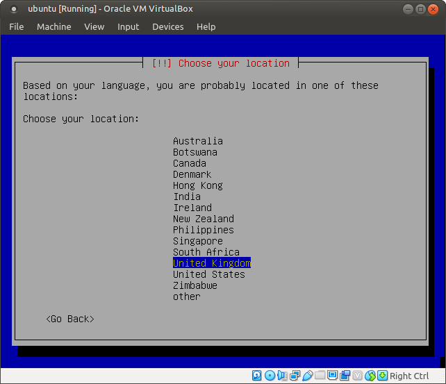 Ubuntu 4.10, Warty Warthog, setup select location