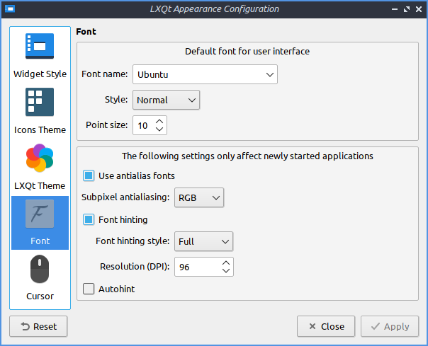 Appearance Configuration window